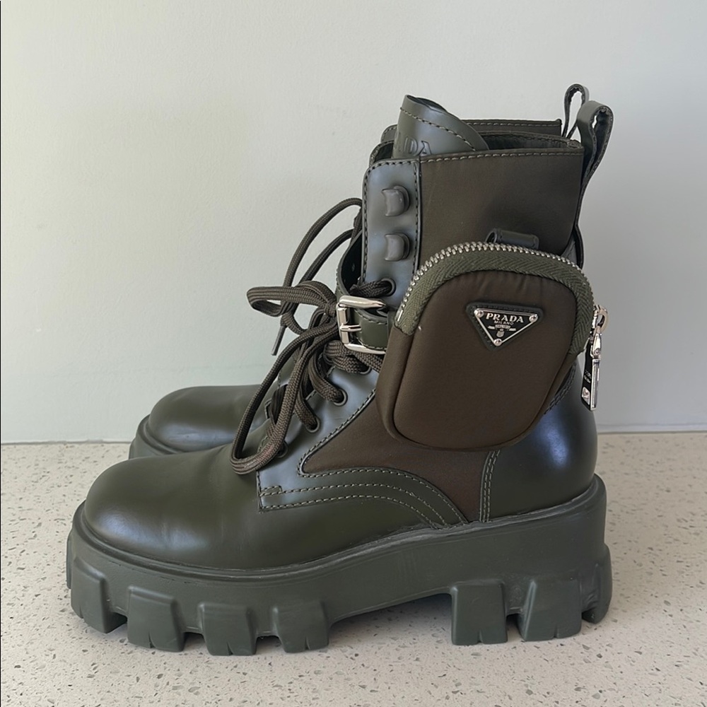 Prada Leather/Re-Nylon Monolith Platform Boots with Pouch